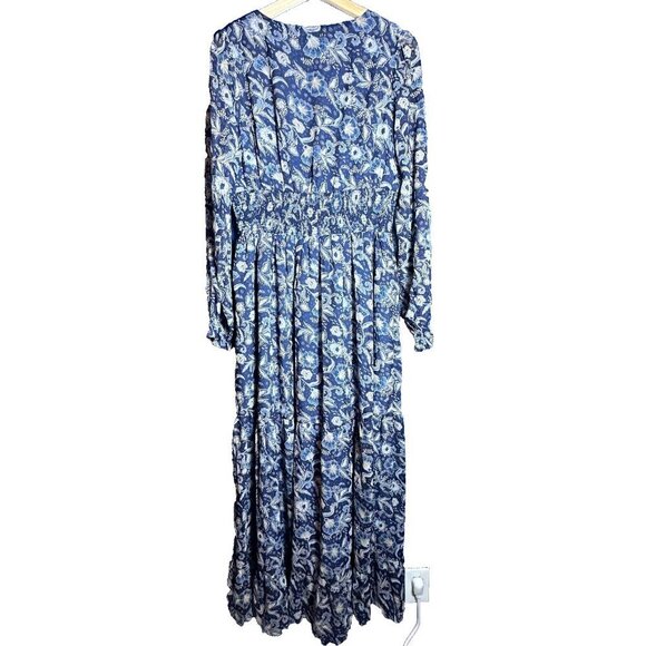Bila 77 long-sleeve maxi dress with a blue floral Lined V-neckline Sz L Summer - Picture 8 of 10